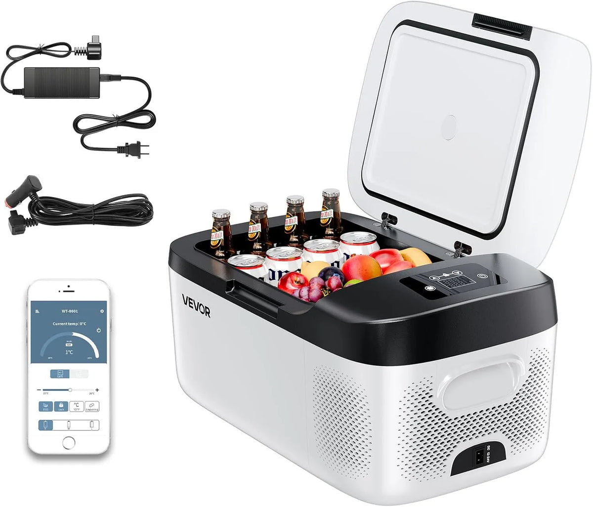 VEVOR 12/24V, Campingplads køkken, Compressor køleboks 15 L, 12 / 24V DC Elektrisk fryser med App styring, 100- 240, Hvid, 24V, 15 L, 240 V