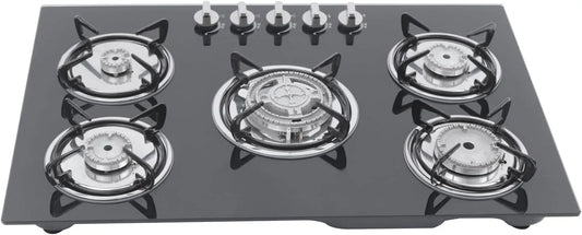 HIKUUER, Kogeplader, Gas Hob 5 Flammig 77 x 51 x 7cm Glas Bygning -Gas -Kochfeld Bygning - i komfur 5, Sort, 77 x 51 x 7cm, 14 cm, 14 kg