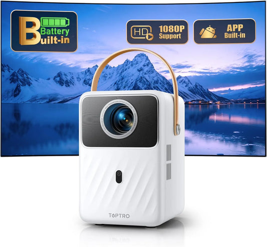 TOPTRO 1080P 720P, Projektorer, Mini Beamer Build- in batteri & Android TV Budding Fuld HD Beamer Home Cinema med, Sort, 2.4G, 5G, 3, 5 mm, 3L
