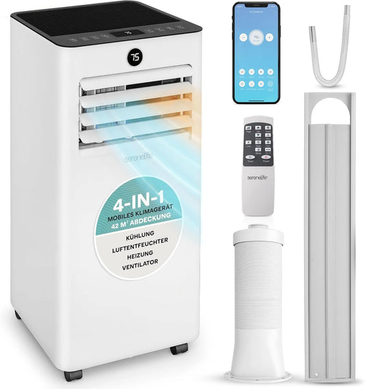 SereneLife 4-in-1, Mobile klimaanlæg, Mobile Air Condition 9000BTU med udstødningsslange, klimaanlæg med WLAN, køling, Hvid, 9000BTU, 55dB