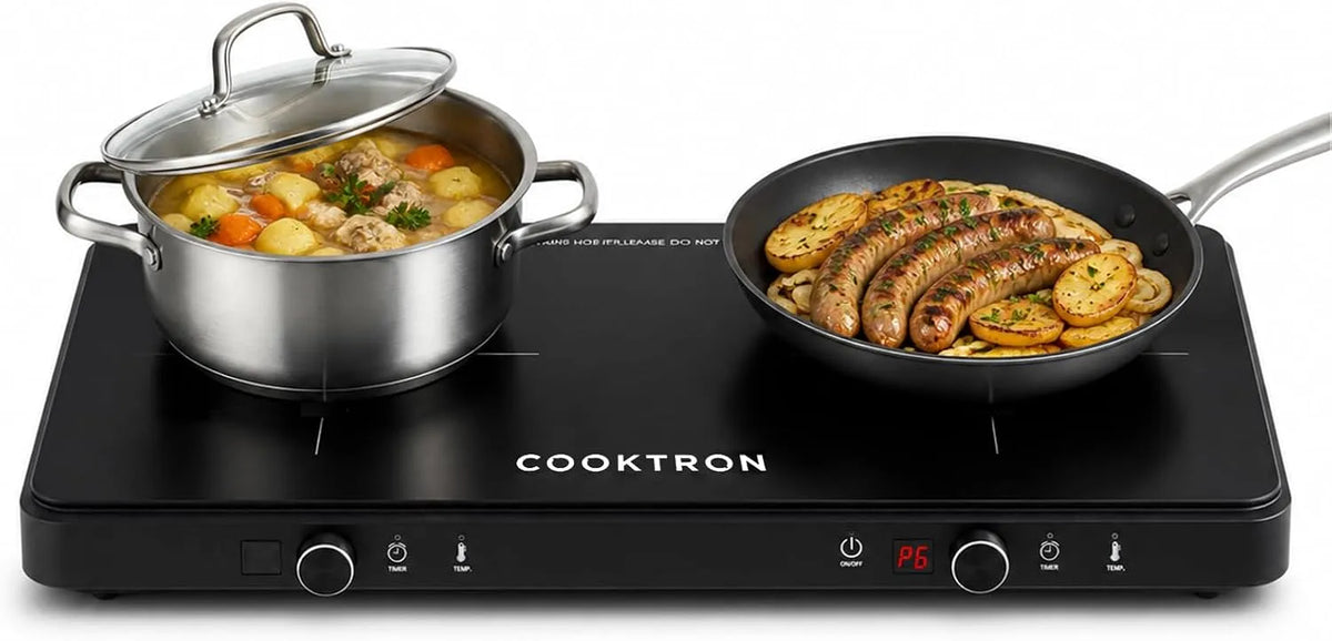 COOKTRON, Kogeplader, induktionsplade 2 paneler 3500W, induktionspanel dobbelt fritstående med 10, Sort, 3500W, 2000W, 1500W, 26 cm