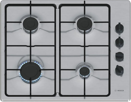 Bosch PBP6B5K80, Kogeplader, serie 2 gashobs, 60 cm, 4 kogezoner, termoelektrisk sikkerhedssikring, Sølv, 2 g