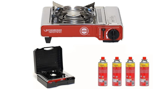 Rothenberger, Campingovne, Industrial Camping Kocher Deluxe inkl. 4 gascylinderampuller, Sort, 4 g, 34 cm, 2 × 28, 6 × 12