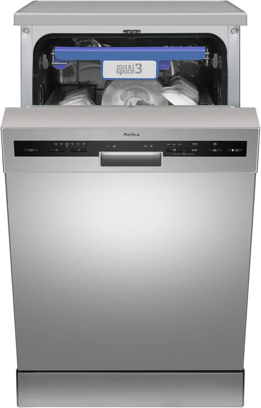 Amica, Opvaskemaskiner, 45 cm, opvaskemaskine 45cm sølv underbuildable AquaStop OpenDry dør åbning, Sølv, 3 L, 100 v, 845 x 448 x 605