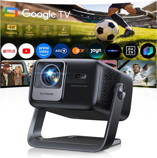 PUTRIMS, Projektorer, Beamer 4K med Google TV, Autofokus, 360 ° roterende stand til hjemmebiograf &, Sort, 4K, Full HD, 30W, 2 x 15