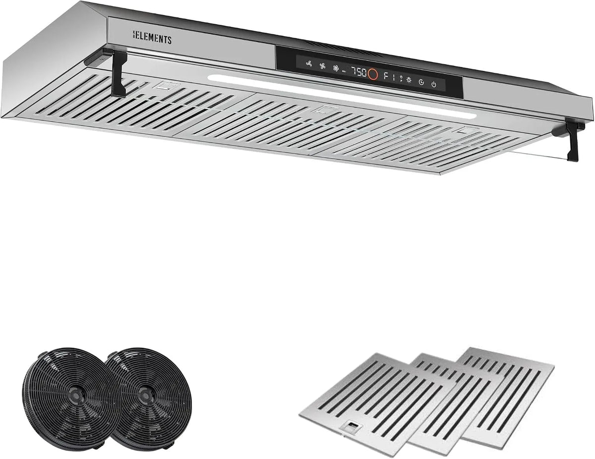 KB ELEMENTS 650m3, Underbyggede emhætter, 90cm, cirkulerende luft / udstødningszone hætte med / h stærk sugeevne, dobbelt, Sort / sølv