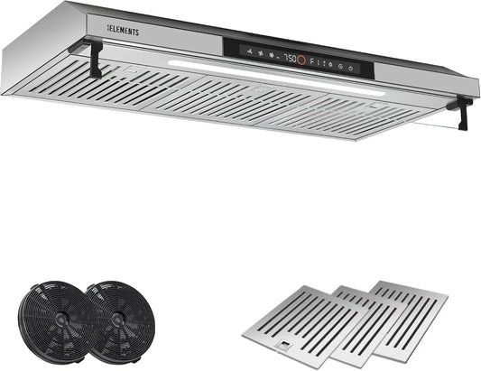KB ELEMENTS 650m3, Underbyggede emhætter, 90cm, cirkulerende luft / udstødningszone hætte med / h stærk sugeevne, dobbelt, Sort / sølv