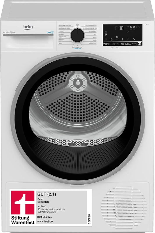 Beko B3T3249S, Varmepumpetørretumblere, Varmepumpe tørretumbler, 9 kg, allergisk, hygiejnetørring og hygiejne, Hvid, 16 v, 34 cm