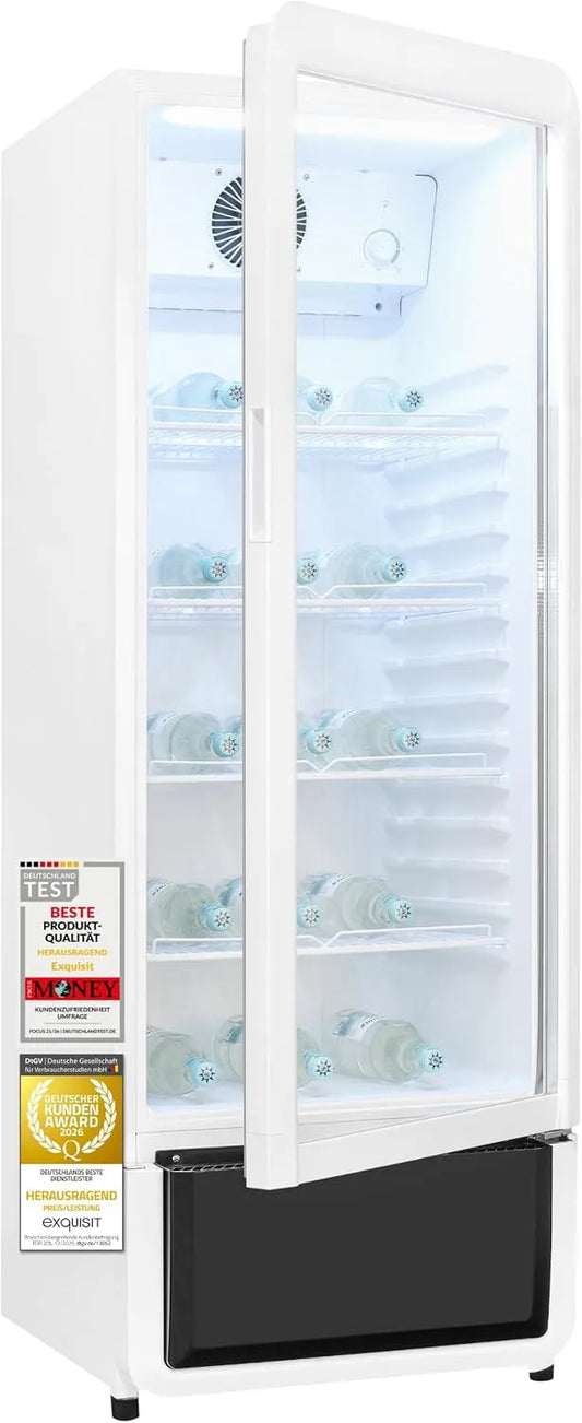 Exquisit, Drikkevarekøleskabe, Udsøgt Drikkevare Køleskab 240 l - Glas dør køleskab med LED & recirkuleret luft, Hvid, 240 l, 610 kW