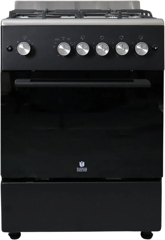 Gasline SHGG6060FGWB, Komfurer, Gasledning Gasstativ Gas Kochfeld WOK Brenner, Gas ovn med Thermostat Grill Timer, Sølv / sort, 60 cm, 46 l