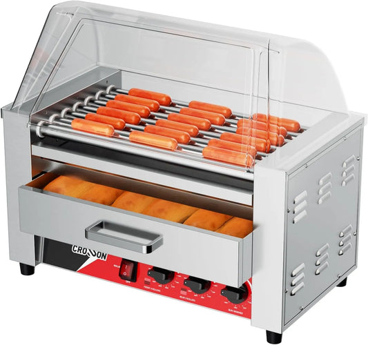 crosson, Varmeautomater, 2 i 1 Professional Hot Dog Grill, 7 Rolls rustfrit stål Hot Dog Machine Electric, Sølv, 1350W, 360 g, 486mm, 37, 03L