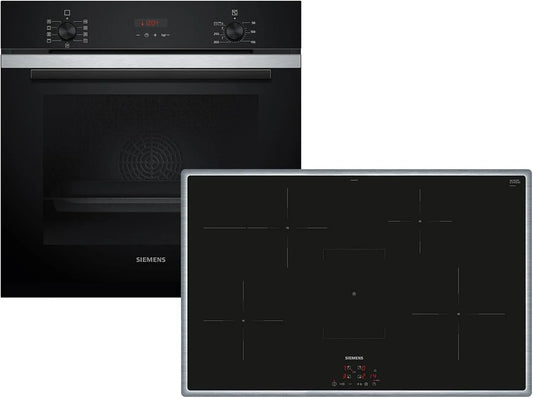 Siemens PQ214IA02Z HB273ABS3, Komfursæt, Set Pyrolyse Bagageovn Rustfrit stål + Induktion Coostu EH845BFB5E, Sølv, 80 cm, 71 l, 4 g
