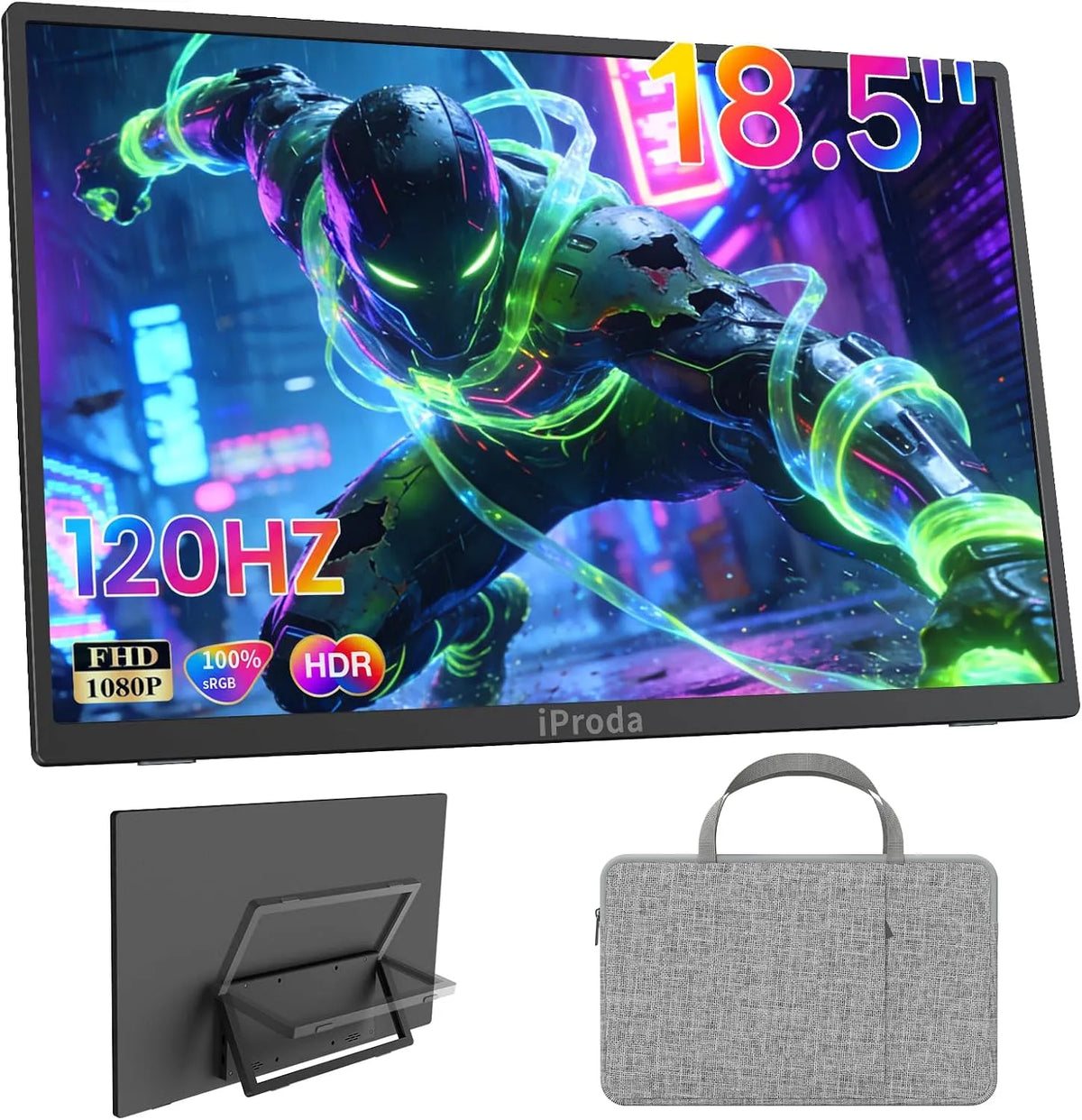 iProda 1080P, Skærme, Bærbar skærm 18, 5 inches FHD 120Hz IPS sRGB Med taske, Sort, 18, 5 inch, 120Hz, 1920 x 1080, 75 x 75 mm