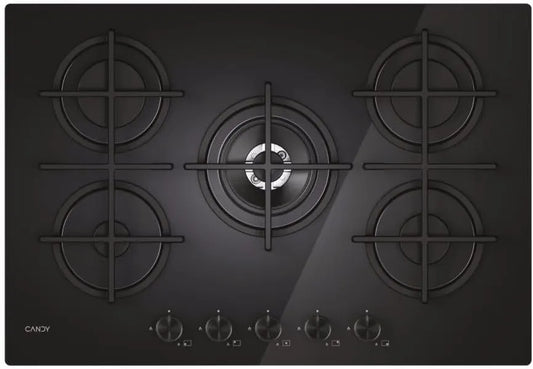 CANDY CVG74WTB, Kogeplader, Moderna Gas On glas Gas Hob med 5 brændere, hærdet glas, dobbelt krone brændere, Sort, 8 x 74, 5 x 51 cm, 74W