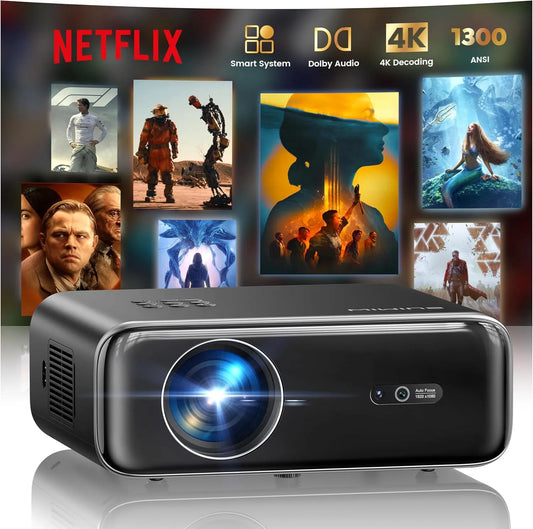 WiMiUS Autofokus/6D 1080P, Projektorer, Smart Beamer, nu med Netflix, Dolby Audio, 1300 ANSI Autofocus / 6D Trapez, Sort, 4K, Full HD, 1 g
