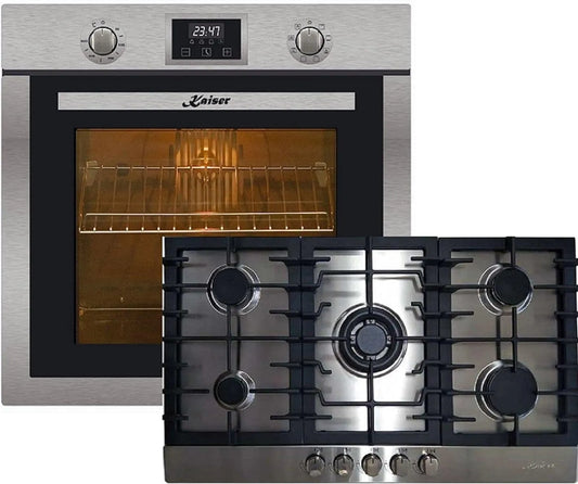 Kaiser, Ovne, ovn sæt EH 6323 + KG 9356, rustfrit stål bygget-i elektrisk ovn 79L, Sølv, 79L, 90cm, 3, 8 Kw, 86 cm