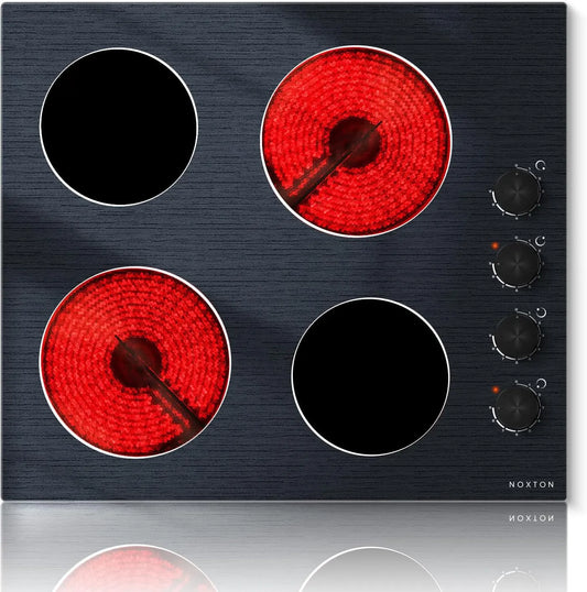 NOXTON, Kogeplader, Keramisk okker 4 plader med knap kontrol, glas keramisk kogeplade 60cm, 6000W, Sort, 60cm, 165 mm, 1200 W