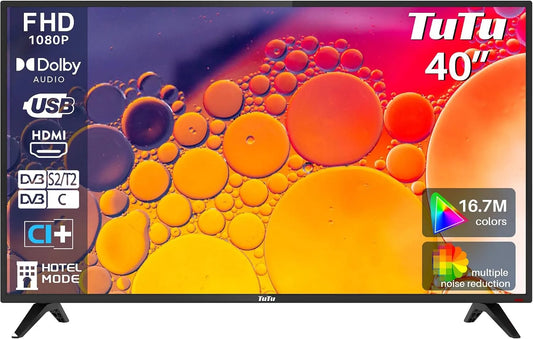 TuTu DVB-T/T2-C-S/S2 TUB40FF1N, Bærbare TV'er, 40- tommer TV LED-tv Fuld HD Triple Tuner (DVB-T / T2-C- S / S2) HDMI USB Hotel, Sort, 100 cm, 10W