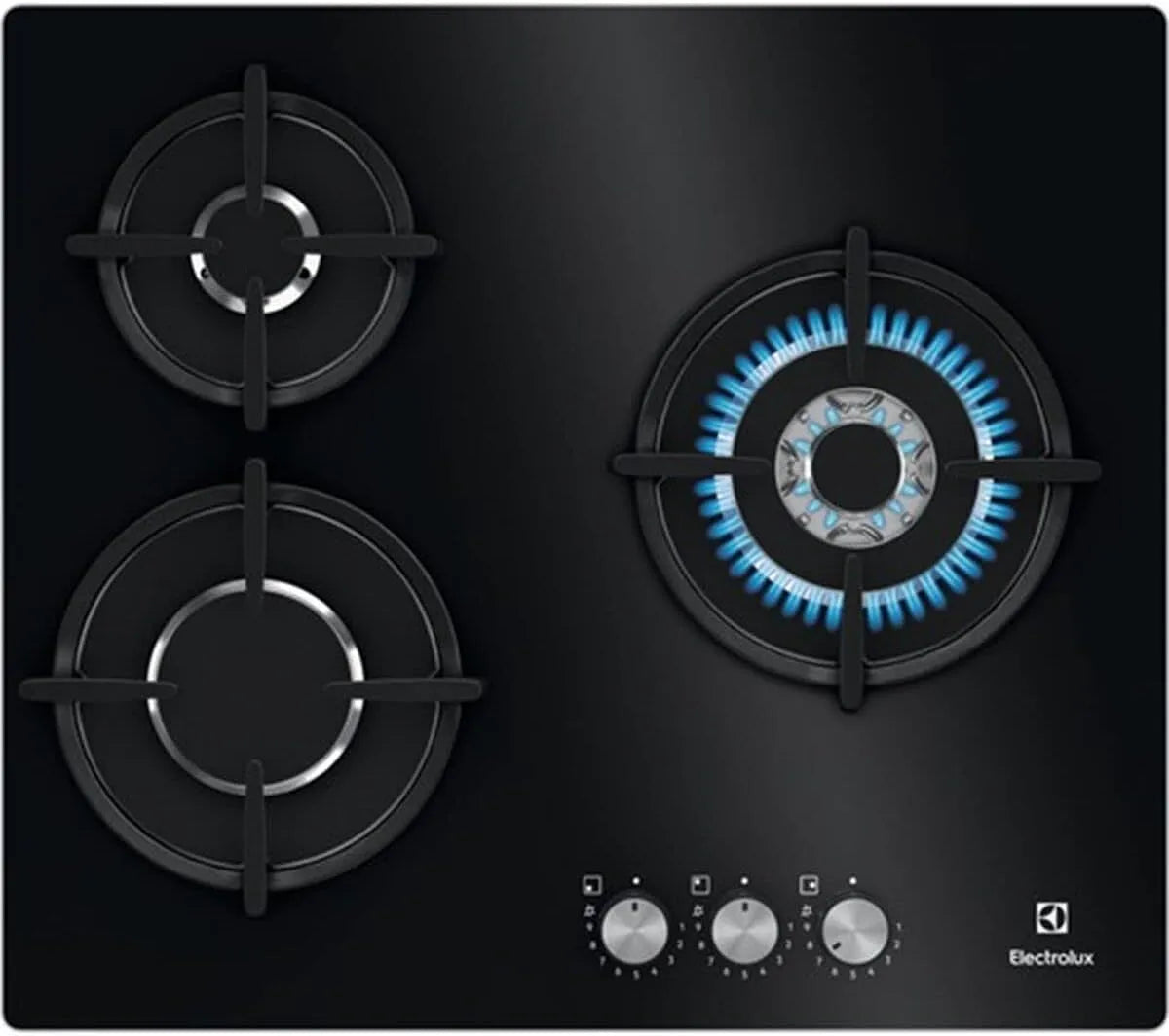 Electrolux KGE6633NOK, Kogeplader, Gas kogeplade 60 cm og 3 zoner Wok- range front styring Instant Heat Automatisk, Sort, 60 cm, 1 W