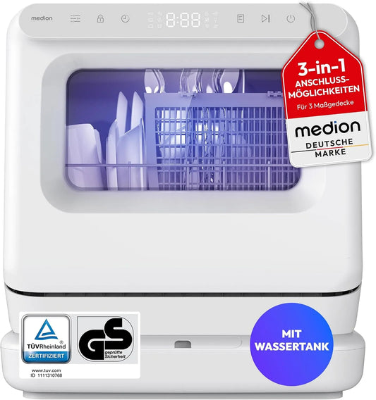 MEDION DWT30 3in1, Bordopvaskemaskiner, Mini Opvaskemaskine, 3 skalaer, bordopvaskemaskine, med / uden vandtilslutning, Hvid, 0, 33 kW, 5, 7 l