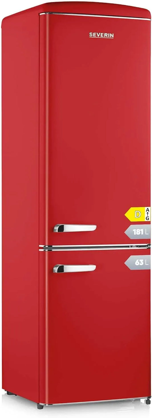 SEVERIN, Køle-/fryseskabe, Retro Cooling & Frozing Combination, Køleskab i retro design med krom, Rød, 244 L, 39 dB, 181 l, 63l