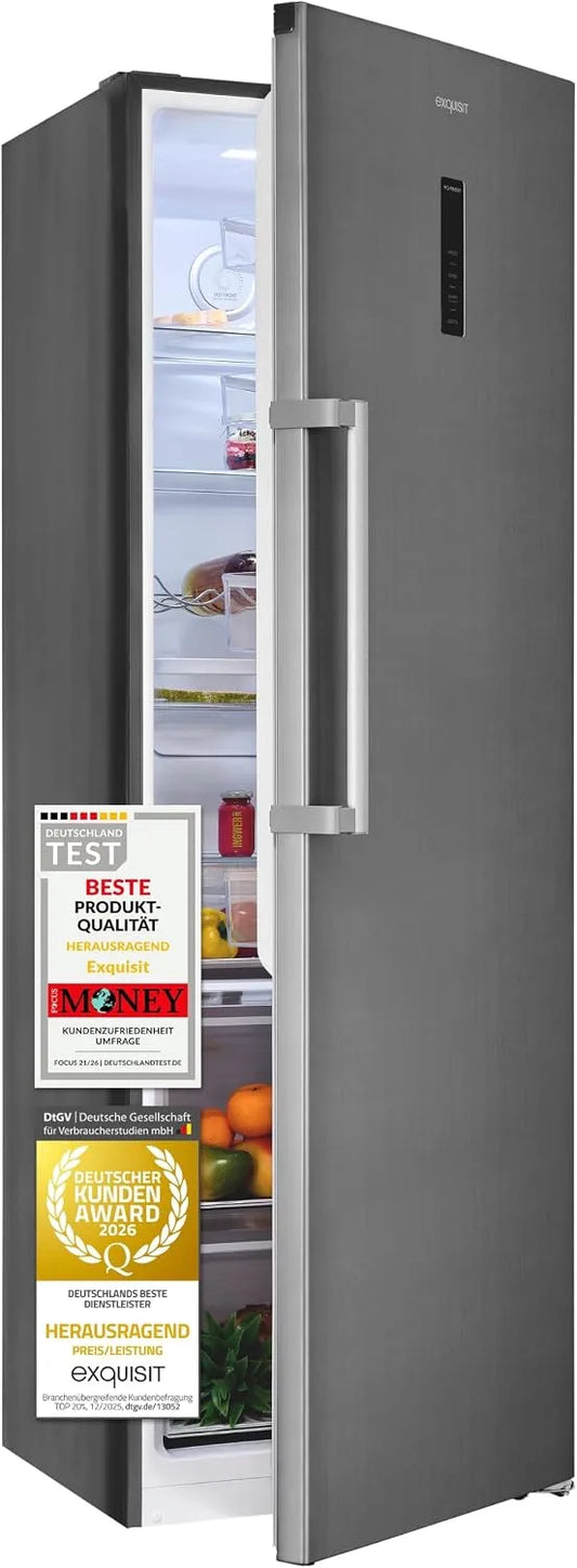 Exquisit KS5360-V-HE-040D KS5360, Køleskabe, Udsøgt køleskab uden fryser, 359 liter, frost, alarmfunktion, 5 hylde, 4, Hvid, 359 l, 344 l, 15 l