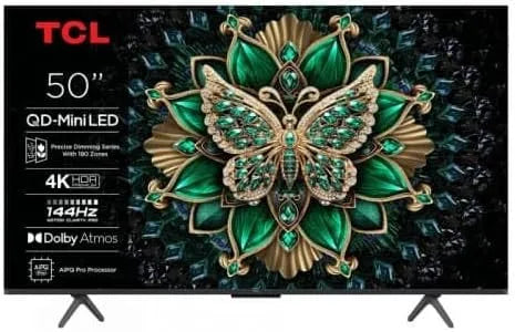 TCL HDR10, TV'er, + Mini LED Google TV 50 tommer C6K 4K QD 144Hz, Dolby Vision IQ, ALLM, VRR, 4x, Sort, Mini LED, 4K, 144Hz, 3840 x 2160