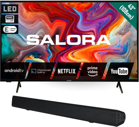 SALORA SBO680, Lydbjælker, 43 tommer LED-tv Smart TV HD Klar med Android-tv, WLAN & Chromecast + 2.1, Sort, 80W, 43 ZOLL, 1366 x 768, 20 Hz