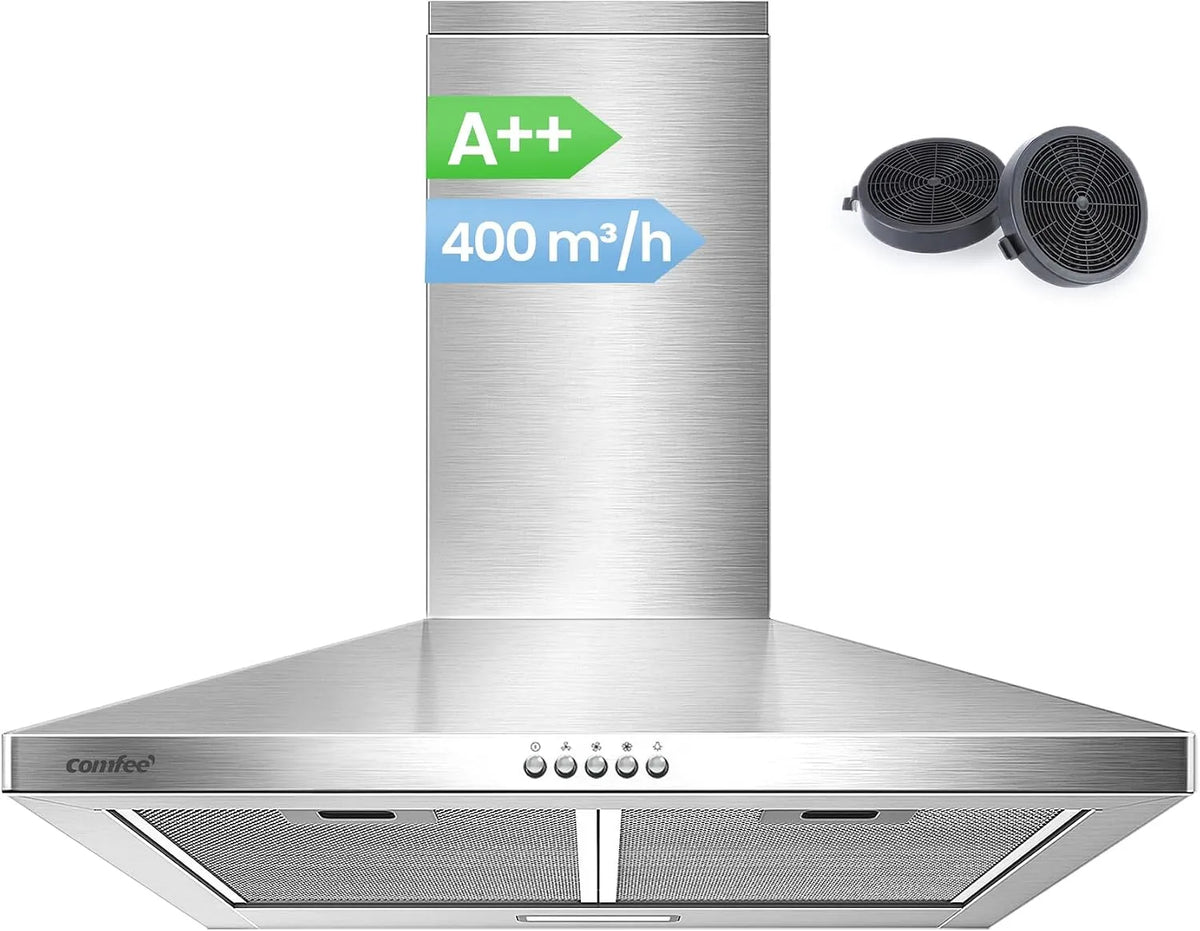 Comfee 400m3 CH60A17EM400SS, Væghængte emhætter, 'område hætte 60cm cirkulerende luft & udstødningsluft A + + / h, Sort / sølv, 60cm, 5 l