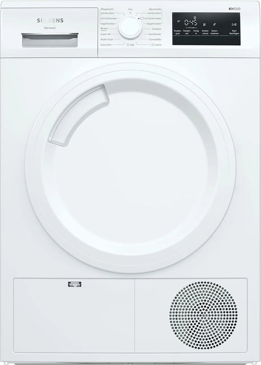 Siemens WT43HV03 iQ300, Varmepumpetørretumblere, Varmepumpe tørretumbler til 7 kg vasketøj, 212 kWh om året, autoDry, udendørs, Hvid, 03 V